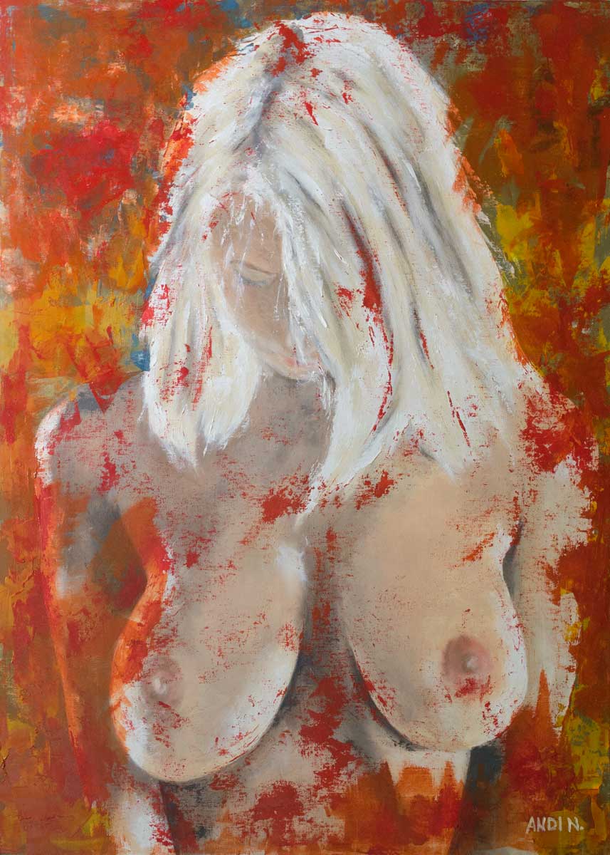 expressive female nude oil painting red background contemporary figurative art